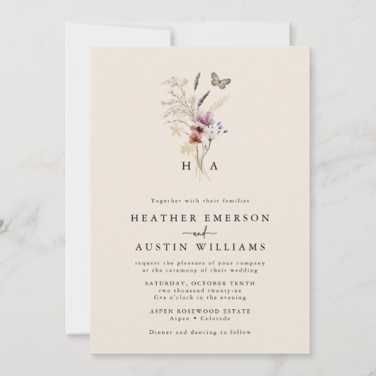 Monogram Boho Floral Wedding Uitnodiging (Voorkant)