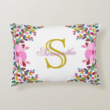 Monogram Boho Foliage & Hibiscus Accent Pillow