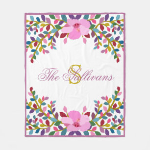 Monogram Boho Foliage Hibiscus Fleece Blanket