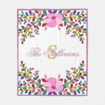 Monogram Boho Foliage Hibiscus Fleece Blanket