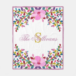 Monogram Boho Foliage Hibiscus Fleece Blanket Deken