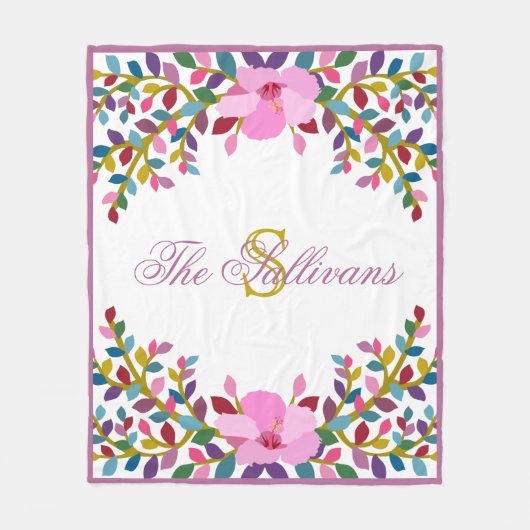 Monogram Boho Foliage Hibiscus Fleece Blanket Deken (Voorkant)