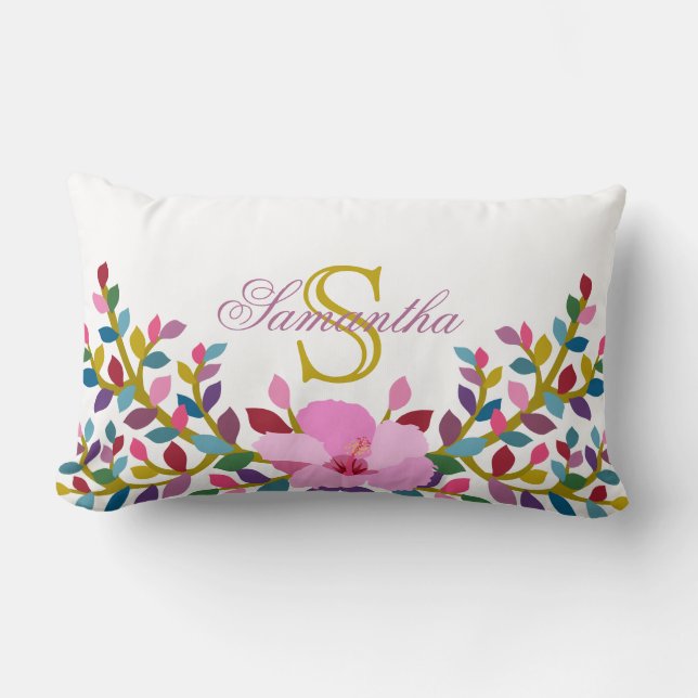 Monogram Boho Foliage Hibiscus Lumbar Pillow Kussen (Voorkant)