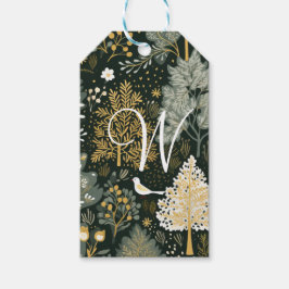 Monogram  Boho Green Gold Kerstbomen Cadeaulabel