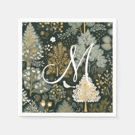 Monogram  Boho Green Gold Kerstbomen Servet