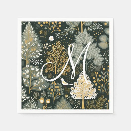 Monogram  Boho Green Gold Kerstbomen Servet (Voorkant)
