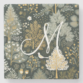Monogram  Boho Green Gold Kerstbomen Stenen Onderzetter