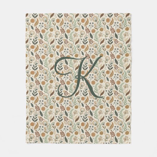 Monogram Boho Leaves Botanical Brown Green Beige Fleece Deken (Voorkant)