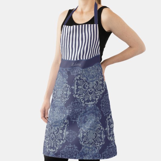 Monogram Boho Moody Denim Blue Mandalas & Stripes Schort (Insitu)