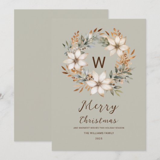 Monogram Boho Natuurlijke Winter Krans Kerstmis Feestdagenkaart (Voorkant / Achterkant)