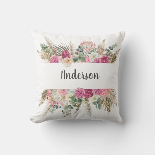 Monogram Boho Pink Floral Pampas Grass Botanical Kussen (Voorkant)