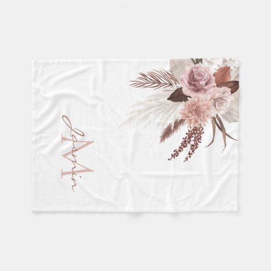 Monogram Boho Pink Pampas Grass Dried Flowers Fleece Deken (Voorkant (Horizontaal))