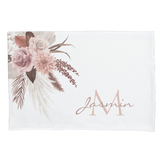 Monogram Boho Pink Pampas Grass Dried Flowers Kussensloop (Voorkant)