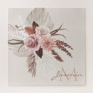 Monogram Boho Pink Pampas Grass Dried Flowers Legpuzzel