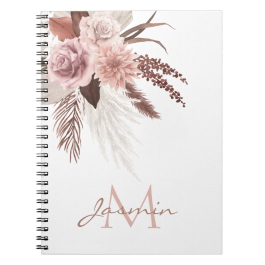Monogram Boho Pink Pampas Grass Dried Flowers Notitieboek (Voorkant)