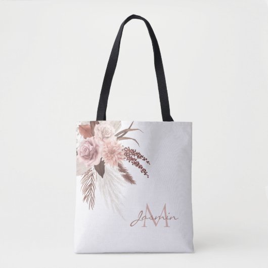 Monogram Boho Pink Pampas Grass Dried Flowers Tote Bag (Voorkant)