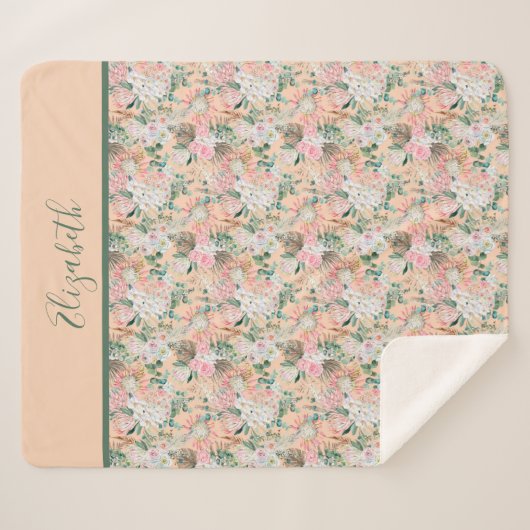 Monogram Boho Pink Peach White Floral Sherpa Deken (Voorkant (horizontaal))
