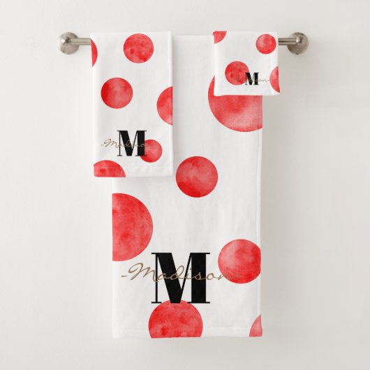 Monogram Boho polka stippen l Rood en wit l Initia Bad Handdoek (Insitu)