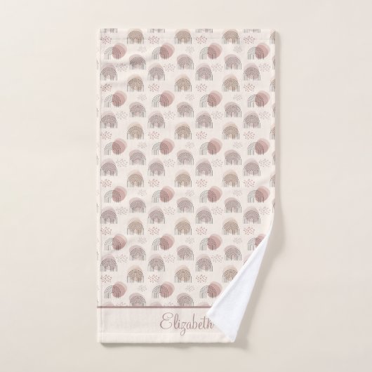 Monogram Boho Rainbow Abstract Beige Cream Roze Bad Handdoek (Handdoek)