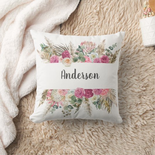 Monogram Boho Roze Bloemige Pampagras Botanisch Kussen (Deken)