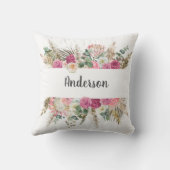 Monogram Boho Roze Bloemige Pampagras Botanisch Kussen (Achterkant)