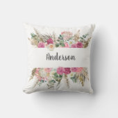Monogram Boho Roze Bloemige Pampagras Botanisch Kussen (Voorkant)