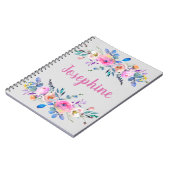 Monogram boho roze en blauw bloemig notitieboek (Linkerzijde)