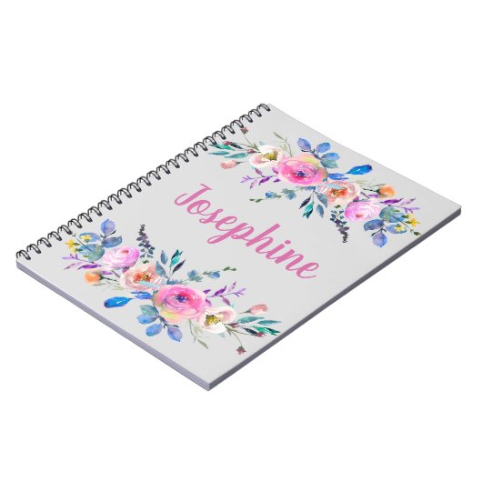 Monogram boho roze en blauw bloemig notitieboek (Linkerzijde)