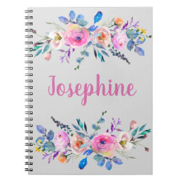 Monogram boho roze en blauw bloemig notitieboek