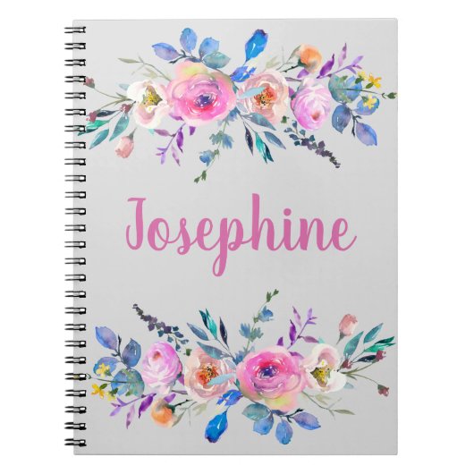 Monogram boho roze en blauw bloemig notitieboek (Voorkant)