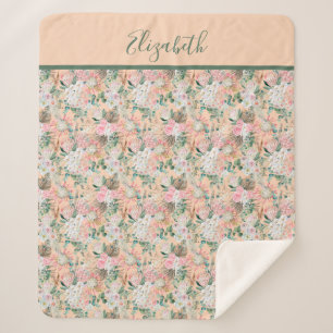 Monogram Boho Roze Perzik Wit Bloemendesign Trend Sherpa Deken