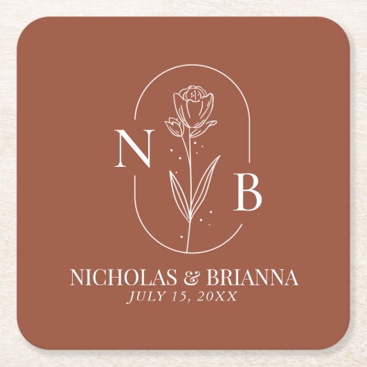 Monogram Boho Terracotta Burnt Sinaasappel Wedding Kartonnen Onderzetters (Voorkant)