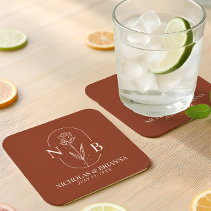 Monogram Boho Terracotta Gebrande Oranje Bruiloft Kartonnen Onderzetters