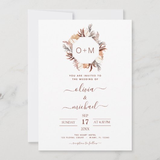 Monogram Boho Terracotta Pampas Grass Wedding Invi Kaart (Voorkant)