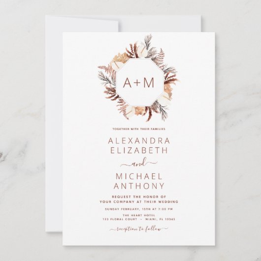 Monogram Boho Terracotta Pampas Grass Wedding Kaart (Voorkant)