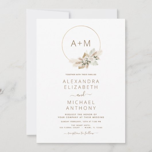 Monogram Boho Tropische Pampas Grass Wedding Invit Kaart (Voorkant)