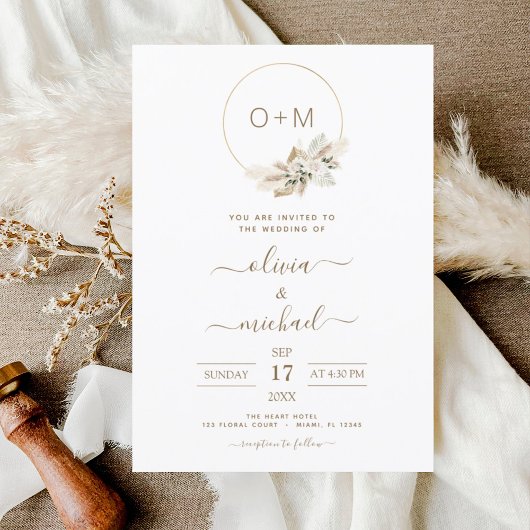 Monogram Boho Tropische Pampas Grass Wedding Invit Kaart