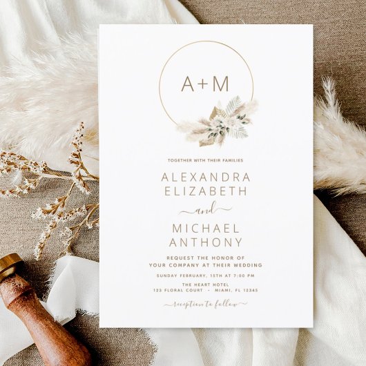 Monogram Boho Tropische Pampas Grass Wedding Invit Kaart