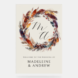 Monogram Boho veren krans bruiloft welkom Acryl Bord