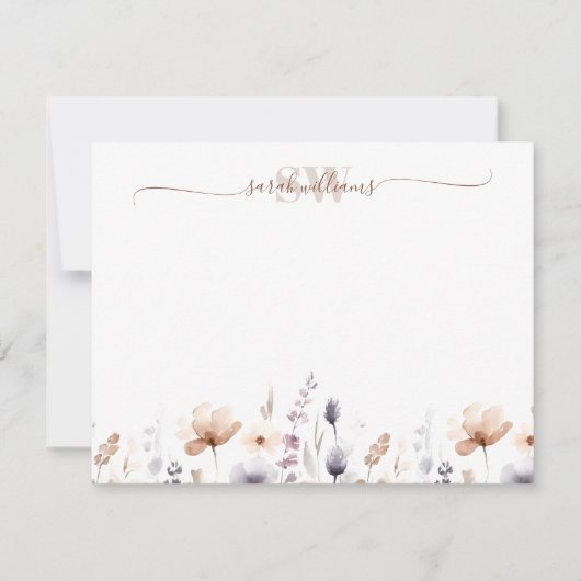 Monogram Boho Waterverf Wildflower Script naam Notitiekaartje (Voorkant)