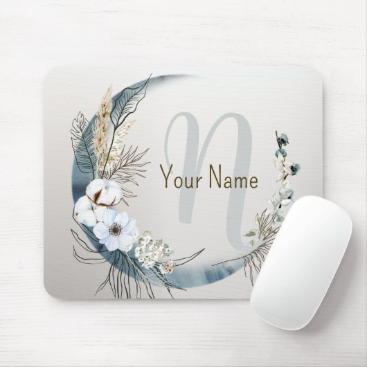 Monogram Boho White Orchid Flowers Blue Moon Muismat (Met muis)