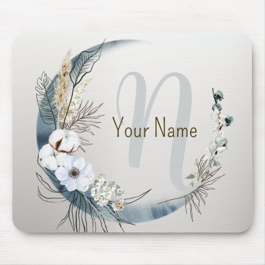 Monogram Boho White Orchid Flowers Blue Moon Muismat (Voorkant)