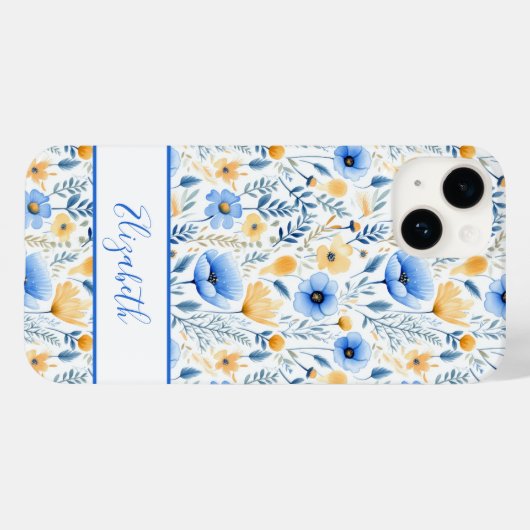 Monogram Boho Wildbloemen Blauw Geel Bloemen Case-Mate iPhone Case (Achterkant (horizontaal))