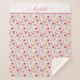 Monogram Boho Wilde Bloem Roze Oranje Paars Bloemm Sherpa Deken