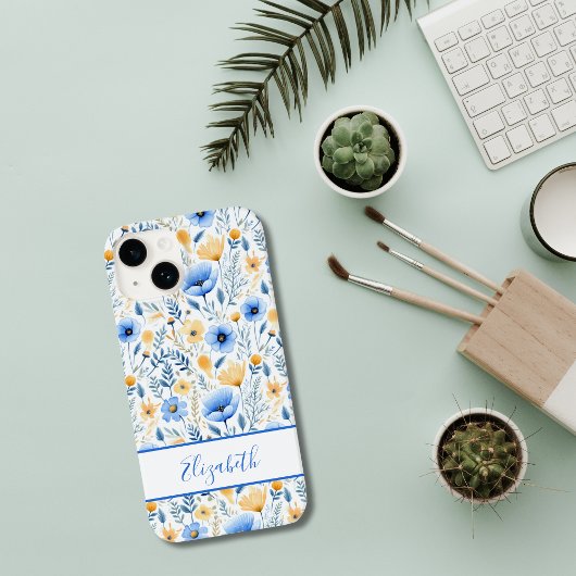 Monogram Boho Wilde Bloemen Blauw Geel Bloemig Case-Mate iPhone Case