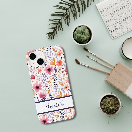Monogram Boho Wilde Bloemen Roze Paars Oranje Kora Case-Mate iPhone Case