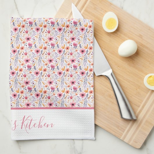 Monogram Boho Wildflower Roze Paarse Sinaasappel B Theedoek (Quarter Fold)