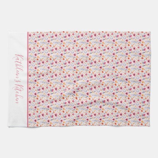 Monogram Boho Wildflower Roze Paarse Sinaasappel B Theedoek (Horizontaal)