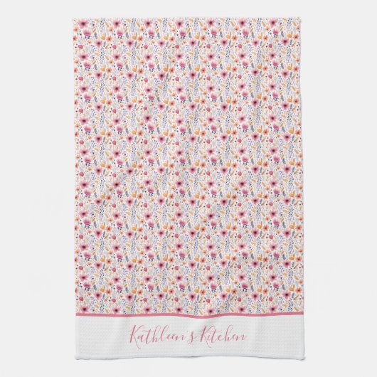 Monogram Boho Wildflower Roze Paarse Sinaasappel B Theedoek (Verticaal)