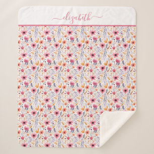 Monogram Boho Wildflower Roze Sinaasappel Paarse B Sherpa Deken